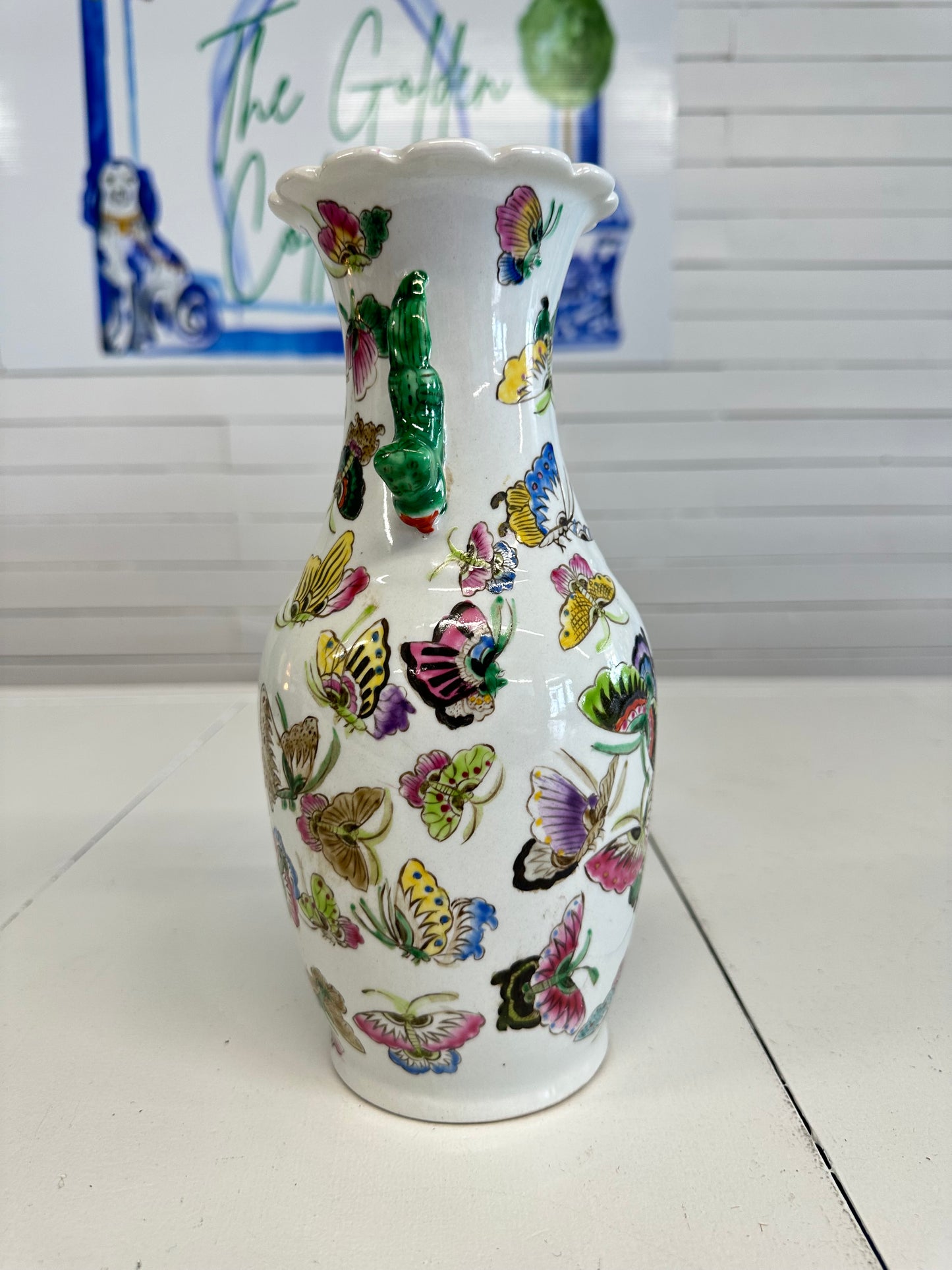 Chinese Butterfly Foo Dog Vase
