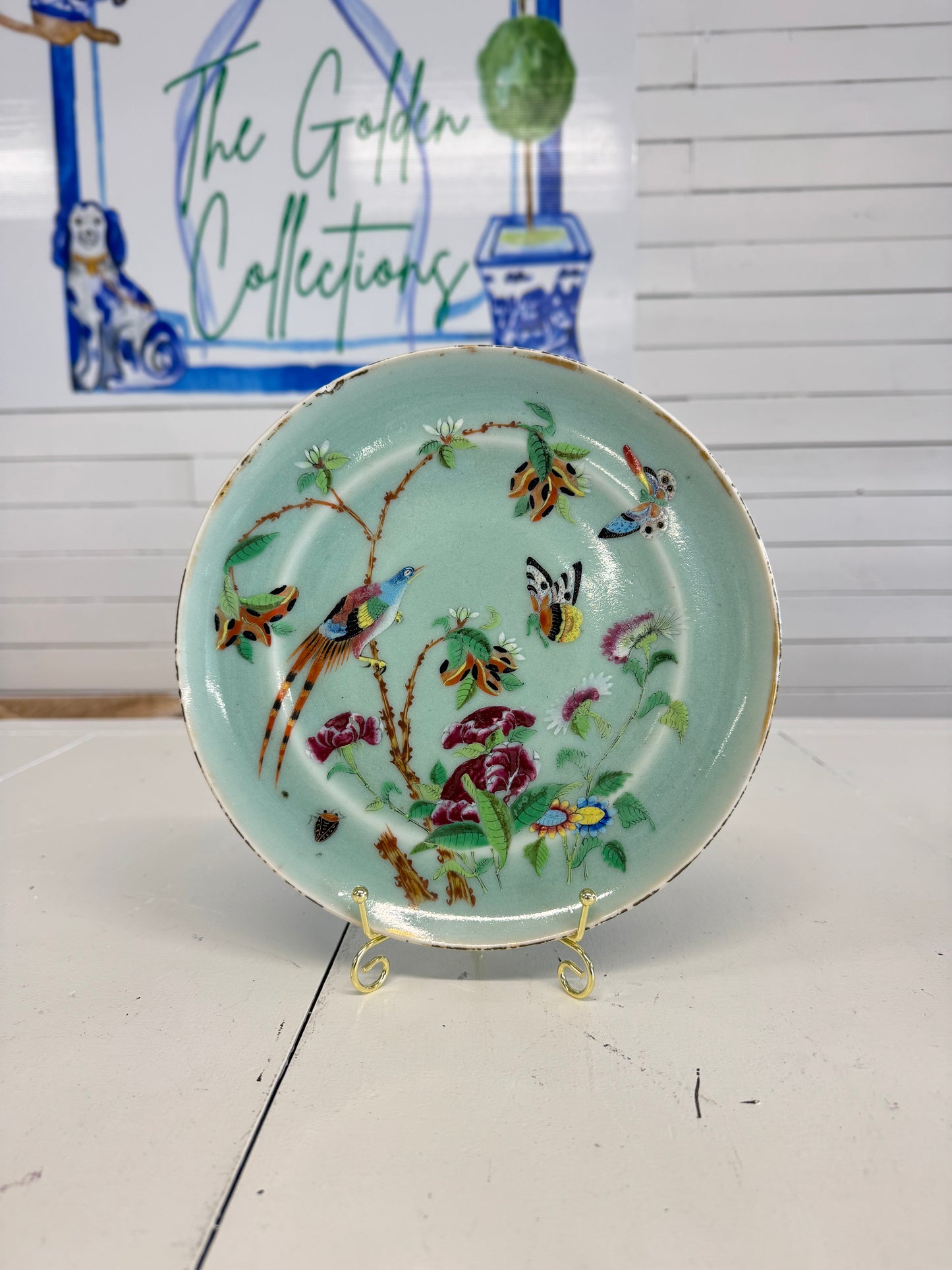 Antique Celadon Famille Rose Plate
