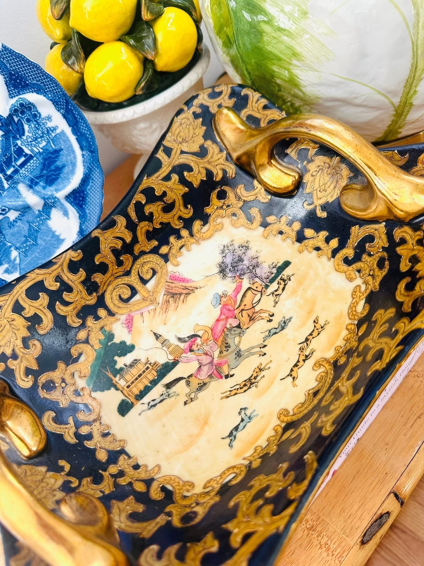 Vintage European Fox Hunting Scene Porcelain and Gold Handled Bowl is the perfect statement piece 🐎