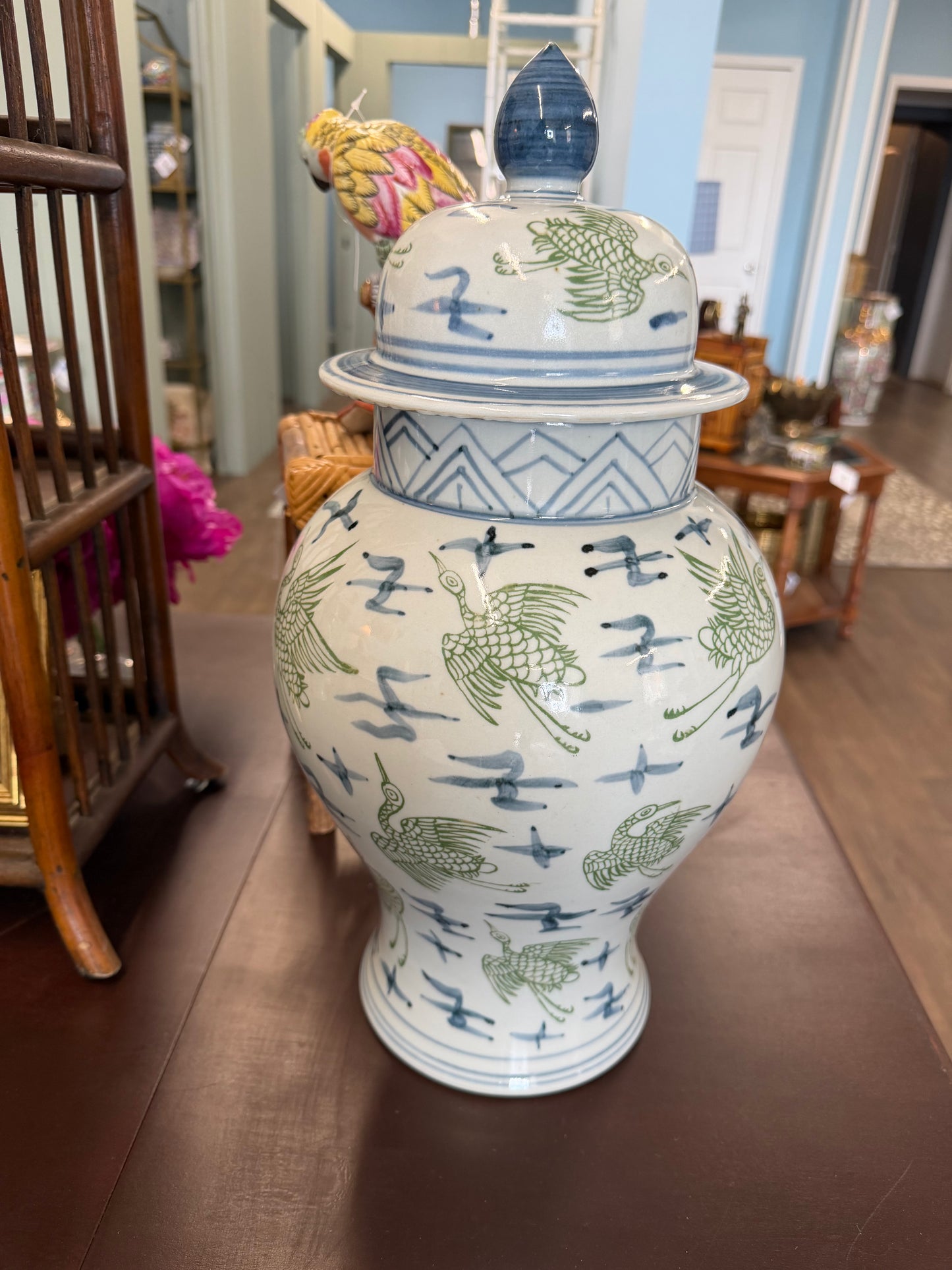 Green and Blue Cranes Temple Jar